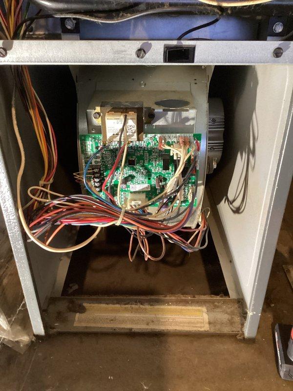 Completed furnace repair on Goodman unit that was previously diagnosed with a failed control board. Successfully installed new single-stage control board (Johnstone EC model) and verified proper operation. System tested for 20 minutes with 60-degree temperature rise and all heating functions restored to normal operation.