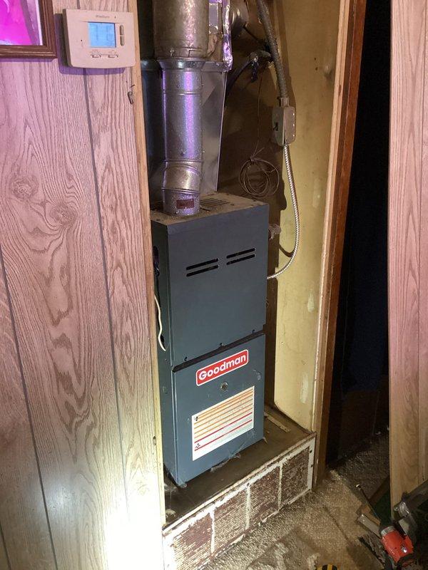 Completed furnace repair on Goodman unit that was previously diagnosed with a failed control board. Successfully installed new single-stage control board (Johnstone EC model) and verified proper operation. System tested for 20 minutes with 60-degree temperature rise and all heating functions restored to normal operation.