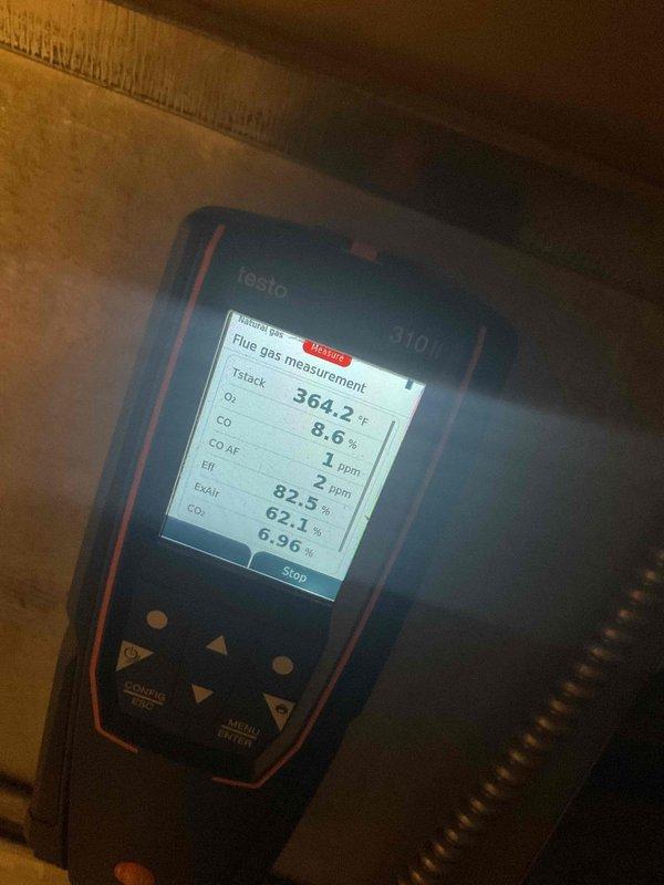 Performed diagnostic assessment on aging system (10+ years) due to heat failure. Conducted thorough combustion analysis with Testo gas analyzer showing acceptable CO levels but identified visual evidence of a possible cracked heat exchanger. System was red-tagged for safety concerns after confirmation of heat exchanger integrity issues. Discussed findings with customer, recommending system replacement due to age and potential safety hazards.