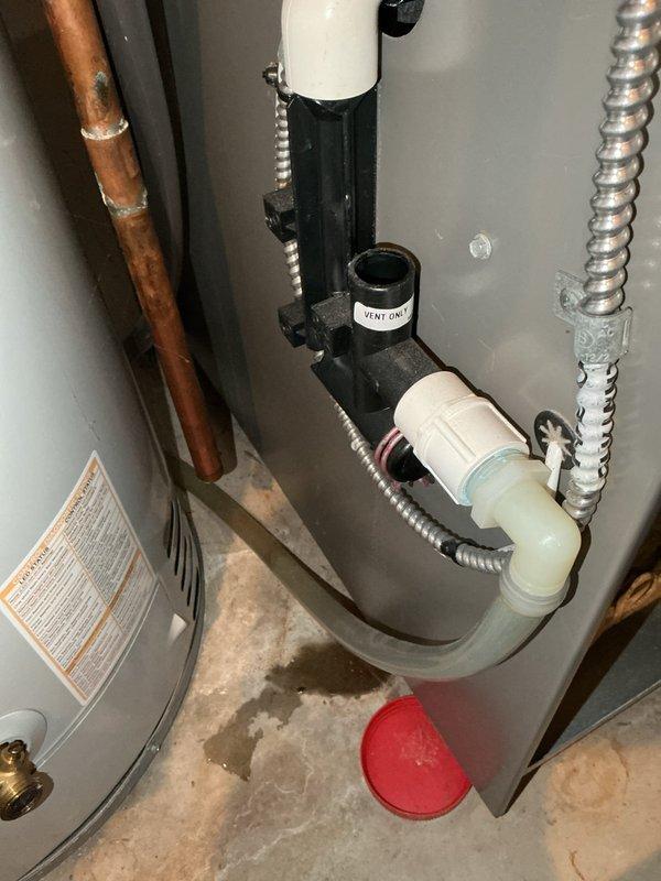 Performed routine furnace inspection on 3-year-old system. All components functioning within specifications with safe CO levels in flue. Identified and corrected condensation leak below the condensate trap by adjusting misaligned end cap and tightening clamp, successfully resolving the immediate issue. Customer advised that trap replacement may be necessary if leakage recurs.