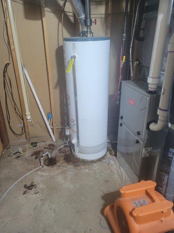 Inspected a leaking water heater that has reached the end of its service life. Confirmed system needs replacement as previously estimated. Current installation includes a Bryant HVAC system with standard water and drain connections in an unfinished basement mechanical room.