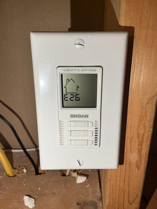 Responded to a service call for a non-operational Broan HE Series air exchanger displaying error code E26. Diagnosed control panel malfunction preventing button functionality. Reprogrammed thermostat and verified proper operation of all auxiliary stats, successfully restoring full functionality to the air exchanger system.