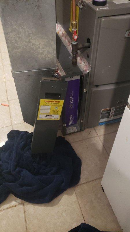 Responded to service call for furnace leaking water and shutting down with red indicator light. Diagnosed failed condensate pump causing water accumulation. Attempted replacement with Little Giant pump, but persistent GFCI tripping indicated electrical outlet failure rather than pump issue. Reinstalled original pump per customer request and scheduled electrician follow-up to address faulty GFCI outlet.