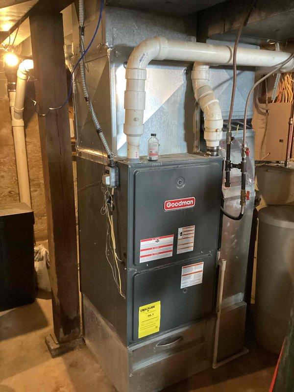 Performed annual tune-up on aging Goodman furnace. Service included cleaning heat exchanger fins, testing operational systems, and flushing condensate drain line. Advised customer on proper filter maintenance and discussed potential future issue with cold end header box, which is not currently leaking but is a known vulnerability with this model.