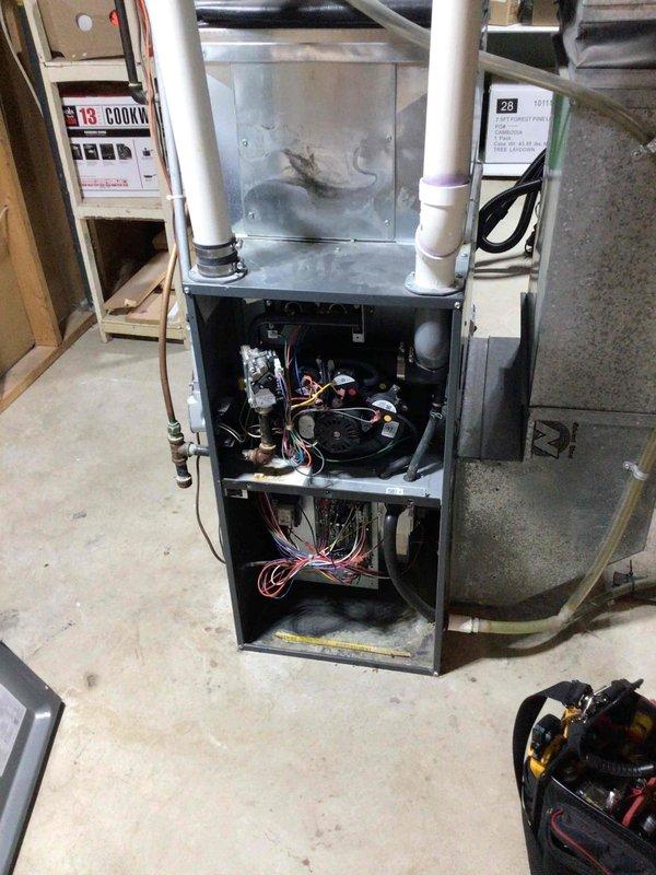 Diagnosed Amana furnace showing 7 red blink code indicating gas valve malfunction. Gas valve was found to be sticking, causing intermittent operation failure. Replacement gas valve required and ordered as appropriate model was not available in stock.