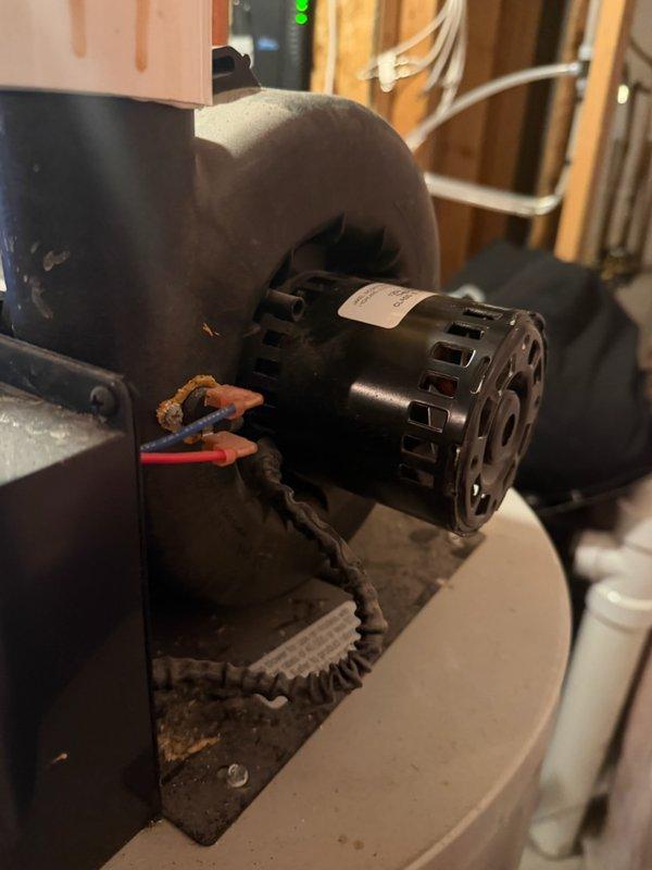 Diagnosed and replaced failing power vent blower motor on 24-year-old natural gas water heater. Upon inspection, blower motor was making excessive noise during operation. Due to unit age and condition, recommended and installed complete water heater replacement rather than component repair.