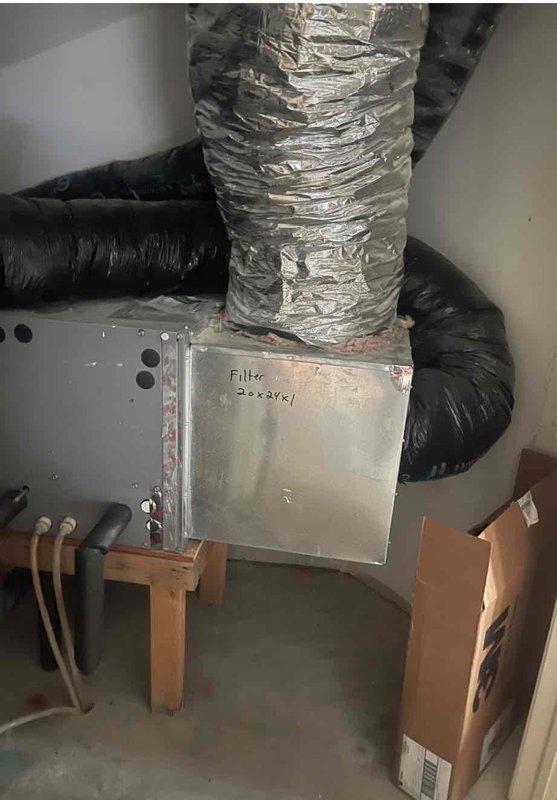 Installed stamped steel return air grill with damper for upstairs air handler to improve circulation in area experiencing overheating issues. Verified proper installation of filter box (20x20x1) with appropriate ductwork connections to enhance airflow distribution.