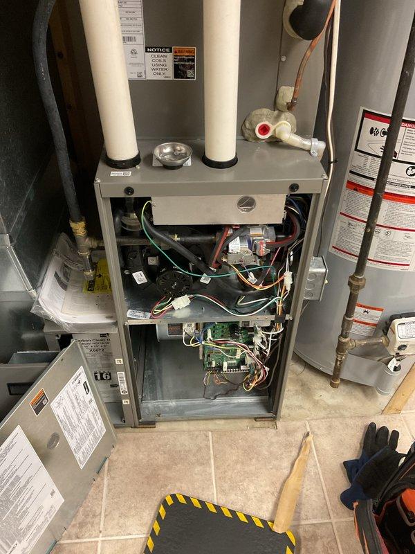 Performed routine HFR furnace inspection on 5-year-old unit with no known issues. Conducted comprehensive tune-up and replaced filter. Identified absence of discharge air temperature sensor; ordered parts to install sensors at no additional charge to improve diagnostic capabilities with S40 thermostat. All other systems functioning properly with no concerns noted.
