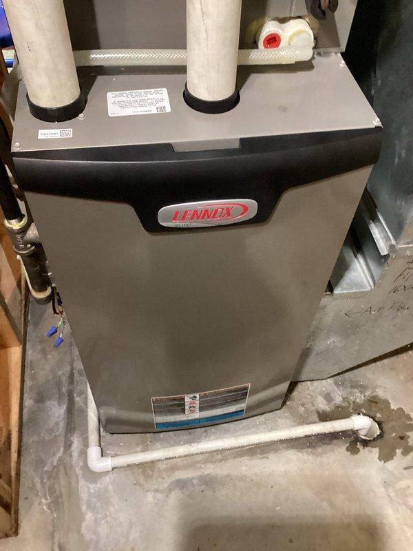 Replaced non-functioning 40-gallon natural gas storage vessel water heater in basement utility room. New Bradford White unit was installed with proper connections to existing copper supply lines, gas line, and metal flue pipe. Customer reported no hot water prior to service; system is now operational.