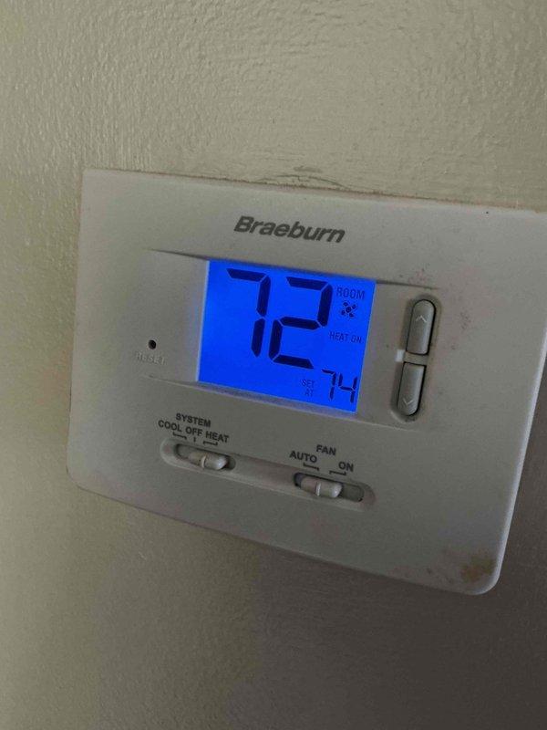 Performed routine inspection and tune-up of heating system. Equipment tested operational with CO2 at 7.2, CO at 3, and O2 at 8.2 using EAGLE X gas detector. Thermostat functioning correctly at 72°F with 74°F heat setpoint. Recommended air cleaner and WiFi thermostat upgrade to enhance system performance.