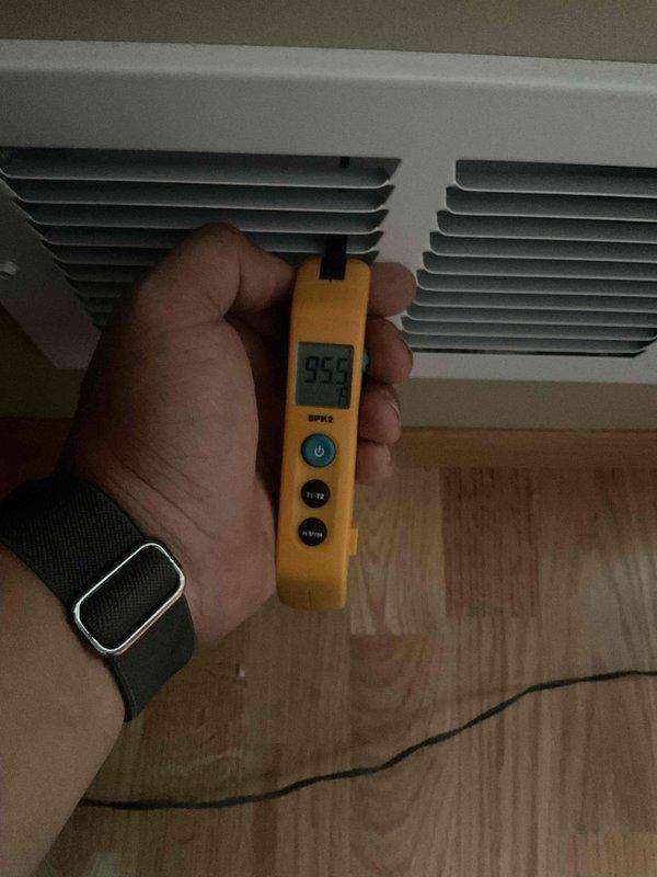 Responded to customer complaint regarding 2-year-old Lennox furnace with heating and thermostat issues. Diagnostic testing revealed significant temperature differential between thermostat setting and actual room temperature. Modified fan speed settings to improve airflow and heat distribution, with temperature readings confirming improved system performance.