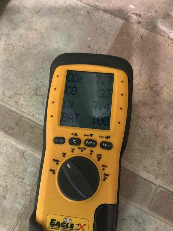Performed comprehensive furnace inspection and discovered worn components requiring attention. Conducted gas analysis using Eagle 2X detector, which revealed CO2 levels at 7.7, CO at 0.22, and O2 at 7.4. Recommended replacement of deteriorating parts or full system replacement based on findings.