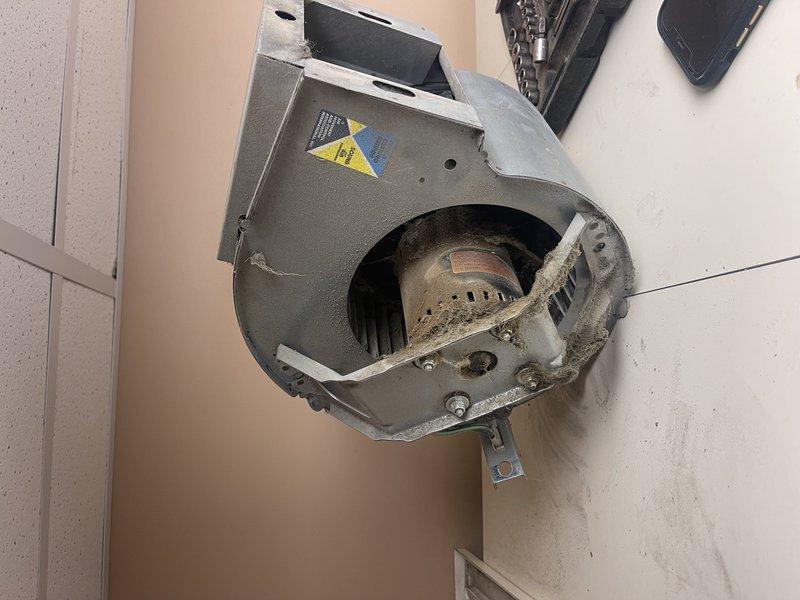 Performed scheduled HVAC maintenance including filter replacement and comprehensive system inspection of geothermal units, checking pressures and temperatures. Identified and temporarily repaired oxygen airline leak, with customer arranging for replacement part from oxygen supplier. Documented failed exhaust fan in cat room requiring blower motor and wheel replacement; submitted parts request form for future service visit.