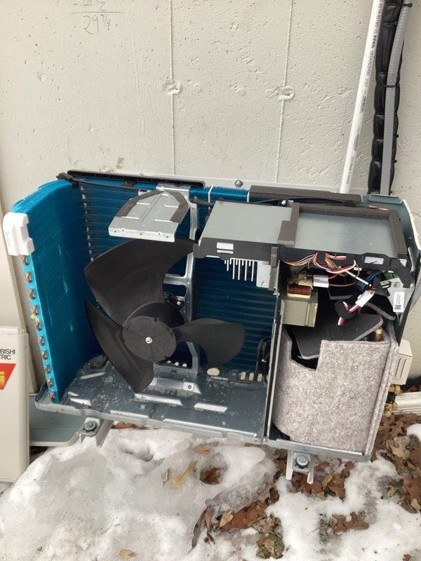 Completed warranty service on Mitsubishi mini split system (Model MUFZ-KJ12NAHZ) requiring replacement of failed temperature sensors. Successfully installed new CN641 (Defrost thermistor and temperature discharge thermistor) and CN643 (Ambient temperature thermistor) components on the outdoor condenser unit, restoring proper system operation under full warranty coverage.