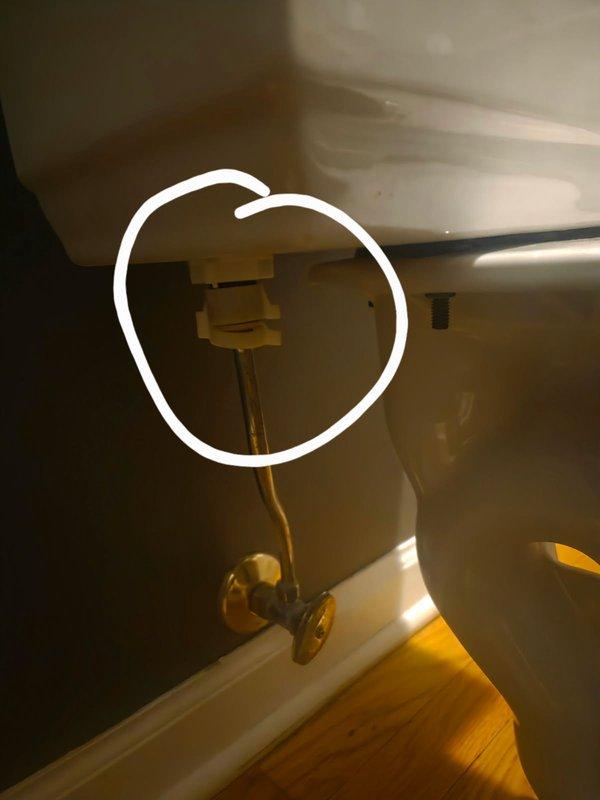 Responded to water leak service call at customer's residence. Diagnosed a cracked supply line nut at toilet connection that was causing visible leakage. Replaced the entire toilet supply line, restoring proper function and eliminating the leak. Water service was successfully restored after repair.