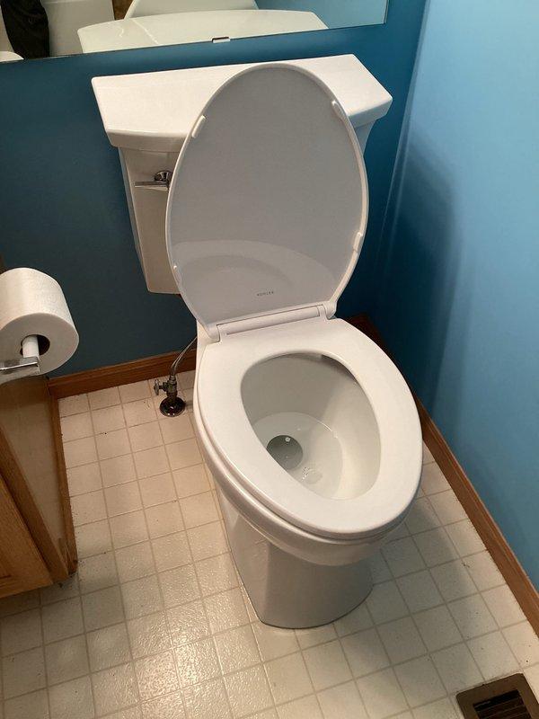 Successfully installed customer-supplied toilet according to estimate. Removed old unit, properly secured new toilet to floor flange, and confirmed proper water connection and function. New installation is properly sealed and operating as expected.