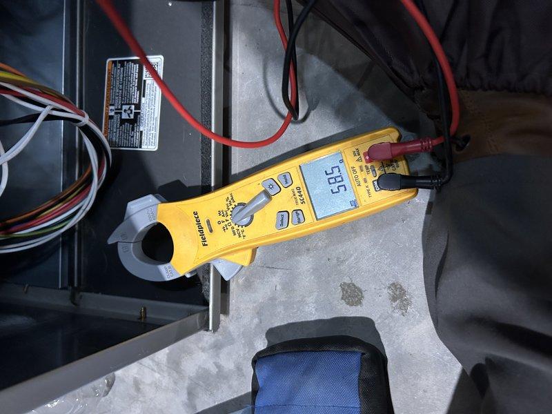 Performed comprehensive furnace tune-up on 6-year-old system, including filter replacement, condensate drain clearing, and gas pressure verification. Conducted electrical testing with clamp meter showing 58.5 reading and inspected relay/capacitor components and associated wiring. All systems operating correctly with heat exchanger in good condition.