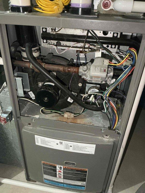 Diagnosed 10-year-old furnace with no heat issue; found failed inducer draft motor and leaking blower motor with oil loss. Identified rusted eyelets on primary heat exchanger and potential secondary heat exchanger blockage. Scheduled replacement estimate due to multiple critical component failures.