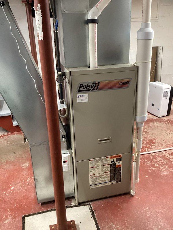 Responded to no heat call for 33-year-old Lennox Pulse furnace. Upon inspection, identified barnacles on heat exchanger and attempted pressure test but was unable to remove gas to complete testing. Restored heat operation and advised customer about safety concerns, parts availability issues, and recommended system replacement. Customer already has replacement scheduled with another company.