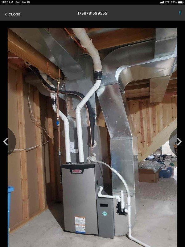 Responded to no heat service call for Lennox furnace. Diagnosed multiple issues: intake pipe frosted due to improper vent termination and air filter severely clogged with white dust from humidifier. Cleared frost from intake, removed obstructed filter, and reset furnace to restore heat. Submitted correction form for installation team to properly terminate venting system.