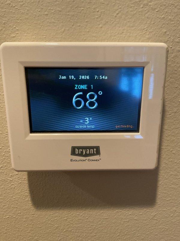 Performed maintenance inspection on 15-year-old Bryant HVAC system. Identified failing secondary heat exchanger in 40" Bryant furnace. System currently operational with indoor temperature at 68°F despite outdoor temperature of -3°F. Provided replacement options and established follow-up for repair quote.