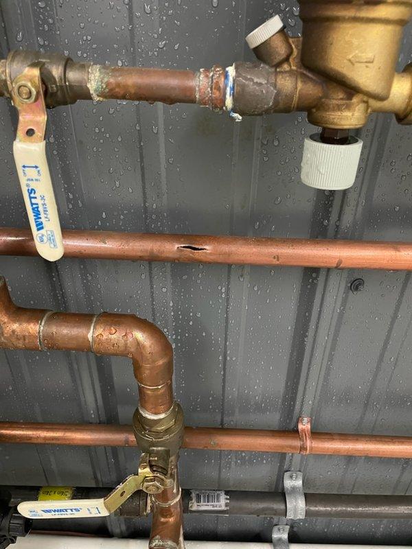 Responded to emergency call for burst pipes on a residential boiler system. Inspection revealed three burst sections on the domestic boiler side and one damaged pipe entering the heat exchanger. Documented extensive water damage to surrounding wall area. Recommended service advisor consultation for comprehensive repair plan and advised client that HVAC technician verification may be required once repairs are completed.