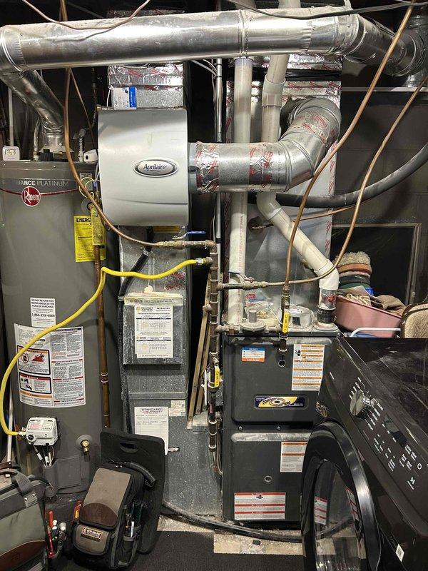 Performed comprehensive furnace tune-up including heat exchanger inspection, which revealed rust and buildup on secondary exchanger. Conducted combustion analysis and verified proper gas pressure in both high and low stages. Cleaned flame sensor, burners, pressure switch, and drain trap; inspected blower motor and wheel with no immediate concerns noted. Discussed secondary exchanger condition with homeowner and advised about potential warranty coverage for affected parts.