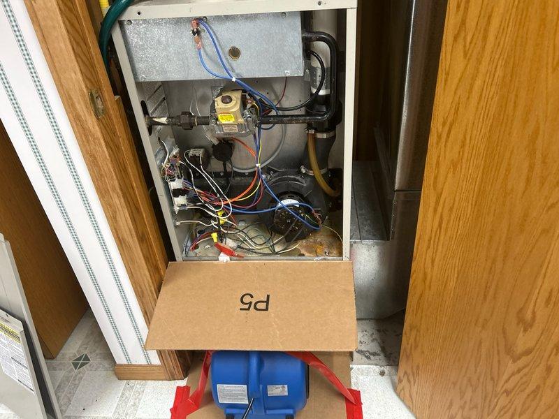 Responded to no-heat call on 25-year-old Gibson LP furnace. Diagnosed multiple component failures including inoperative blower motor that hummed but wouldn't spin, failing gas valve, and heavily soiled burners. Customer had previously attempted repair by replacing ignitor without success. Comprehensive evaluation conducted with circuit board inspection. Recommended complete system replacement due to advanced age and multiple critical component failures.