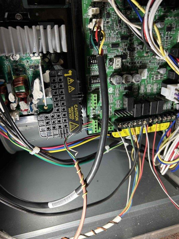 Performed warranty service on Lennox Mendota system, replacing faulty control board and thermostat as per PO 215423-001. Installed new thermostat with Smart Hub, connecting all control wiring to appropriate terminals. System now operational with upgraded controls.