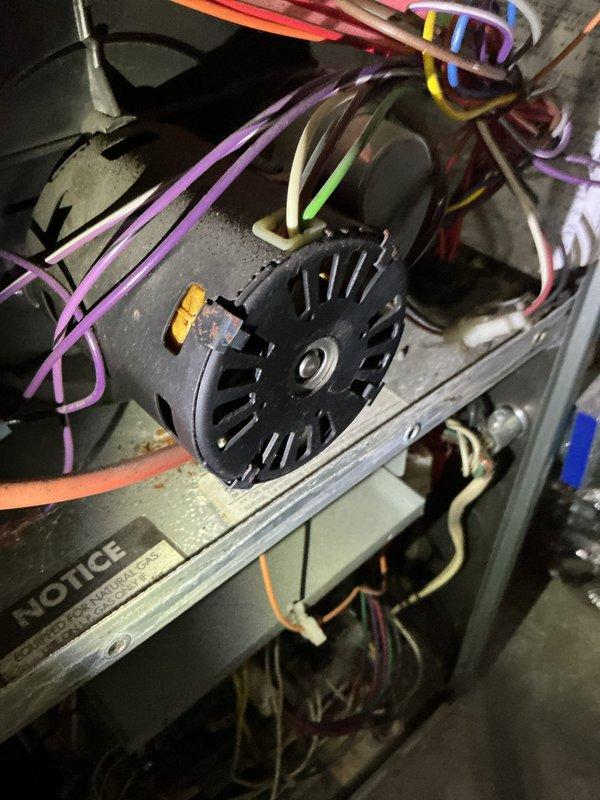 Diagnosed 17-year-old Rheem high efficiency furnace with no heat issue showing fault codes 4 and 5. Inspection revealed seized inducer draft motor, consistent with customer's report of unusual noise and harder operation prior to failure. Replaced draft motor assembly, restoring proper system function. Customer was informed that complete furnace replacement is an option to consider given the unit's age.
