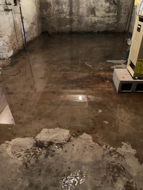 Responded to emergency call for significant water accumulation in basement. Upon inspection, found mainline sewage backup causing extensive flooding around water heater and furnace area. After assessment, referred client to specialized drain service providers (Drain Works or Roto-Rooter) for main sewer line clearing as issue exceeded standard plumbing scope.