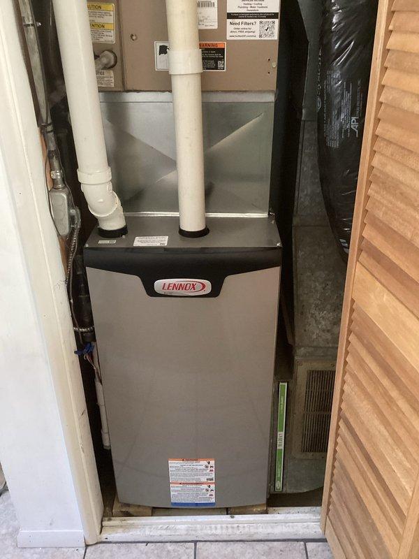 Diagnosed Lennox furnace with intermittent heating failure due to pressure switch tripping. Determined the unit was not properly pitched, causing condensate drainage issues that blocked the pressure switch hose during extended operation. Attempted to adjust pitch but could only correct side-to-side alignment; recommended installation crew return with appropriate tools to properly pitch the furnace forward to ensure proper condensate drainage.