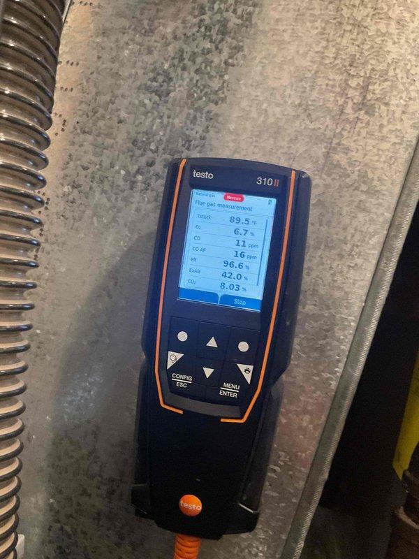 Responded to no heat call for furnace less than one year old. Performed comprehensive combustion analysis with Testo 310 II analyzer, confirming excellent efficiency readings at 96.6%. System successfully restored to proper operation with all parameters within normal operating ranges.