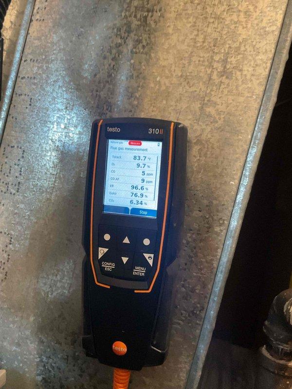 Responded to no heat call for furnace less than one year old. Performed comprehensive combustion analysis with Testo 310 II analyzer, confirming excellent efficiency readings at 96.6%. System successfully restored to proper operation with all parameters within normal operating ranges.