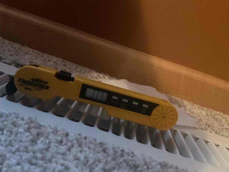 Conducted airflow verification on newly installed furnace system after customer reported inadequate supply to upstairs registers. Diagnostic testing showed uneven air distribution with reduced flow from one side. Documented temperature readings at vents and inspected ductwork condition. Communicated findings to Nick who will develop solution to address the airflow imbalance. System is currently providing heat.