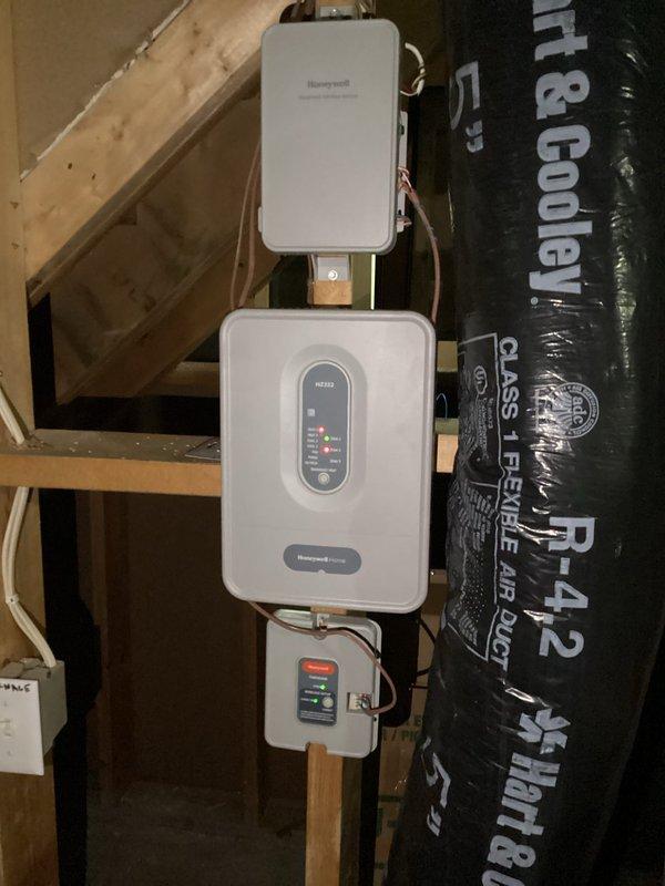 Resolved multi-zone heating issue in aging HVAC system by replacing a third damper to complement previous repairs. System had experienced cascading failures including water damage to motherboard and two faulty dampers, all of which were previously addressed. Final diagnostic testing confirmed all zones are now functioning properly with adequate heat distribution throughout the property.