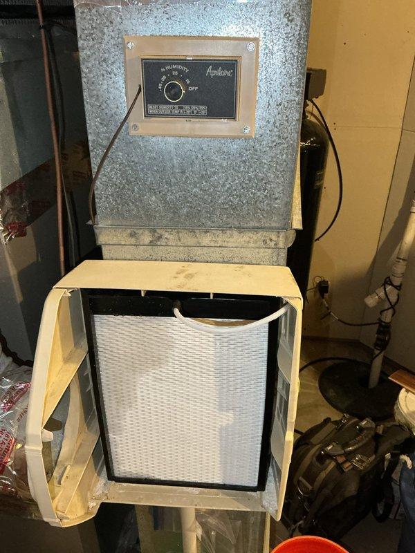 Responded to service call for non-functioning Aprilaire Model 560 humidifier. Diagnosed water flow issue past the solenoid valve. Upon testing, confirmed proper voltage to both humidistat and solenoid. After cycling the humidistat dial several times, the solenoid cleared and resumed normal operation. System is now functioning correctly, though the solenoid may be experiencing intermittent clogging or failure. Provided customer with replacement options for solenoid, humidistat, and complete humidifier unit.