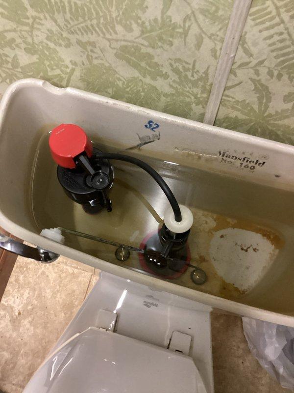 Diagnosed and repaired dual plumbing issues: replaced worn toilet flush mechanism in Mansfield Model 160 toilet that was not flushing properly without manual tank lever operation, and addressed kitchen sink leak causing water accumulation in lower cabinet and spray discharge from garbage disposal connection.