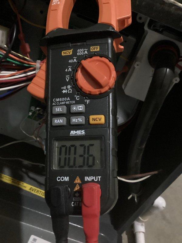 Performed routine furnace tune-up on 5-year-old system at seller's request prior to home closing. Conducted electrical testing with clamp meter showing normal amperage readings (0.36A) and used Testo 310i analyzer to verify combustion efficiency and safety parameters. All components functioning properly with no issues found; system is operating safely and efficiently.