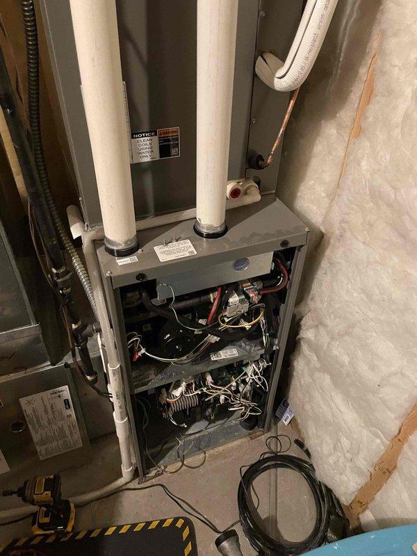 Responded to recurring no-heat call where furnace was shutting down with error code 105 (communication problem). After troubleshooting, determined thermostat wiring was receiving interference from nearby high voltage lines. Installed temporary wiring in utility room to bypass interference issue, allowing system to function properly. Scheduled follow-up with electricians to install permanent wiring solution.