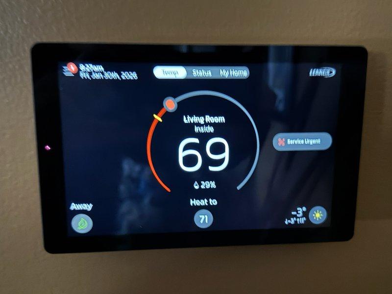 Responded to no heat complaint with furnace showing multiple GF Calibration Failure codes on thermostat. Diagnosed issue as frozen exhaust vent on roof causing intermittent operation. Accessed roof, cleared ice blockage from exhaust vent which restored proper system function and heat production.