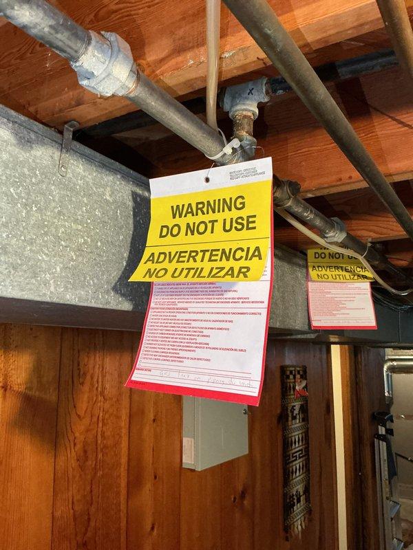 Responded to service call for gas leak. Identified multiple gas leaks on furnace supply line and tagged system with appropriate warning notices. Gas company shut off furnace for safety. Also noted plumbing fixture under sink requires replacement. Scheduled estimate appointment for comprehensive repairs.