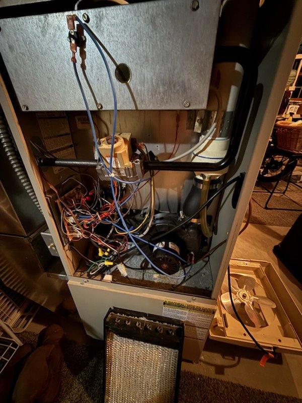 Responded to no-heat service call for furnace system. Diagnosed faulty solder joints on control board and inspected heat exchanger, which was found in acceptable condition. Replaced control board per customer request and scheduled service advisor to provide quote for complete system replacement.