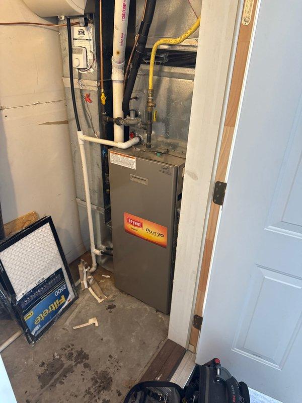 Diagnosed Bryant Plus 90 furnace producing excessive noise. Inspection revealed inducer motor failure imminent. Checked secondary heat exchanger with no significant issues found. Provided customer with options for both part replacement and complete furnace replacement. Scheduled follow-up appointment to discuss pricing and installation options.