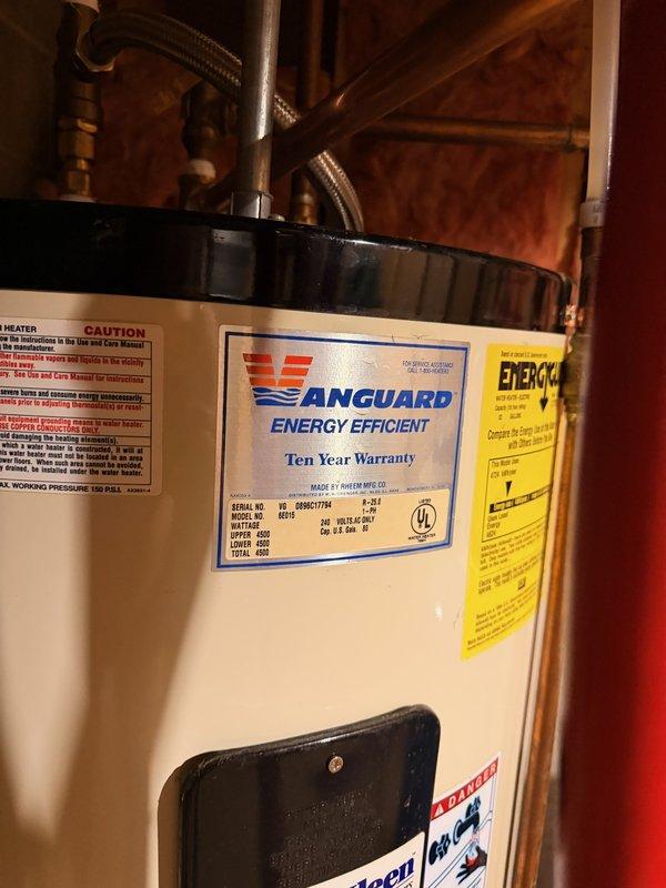 Responded to no hot water complaint on Vanguard Energy Efficient water heater. Diagnostic testing revealed plugged side arm and failed heating elements. Provided customer with replacement options and recommendations.