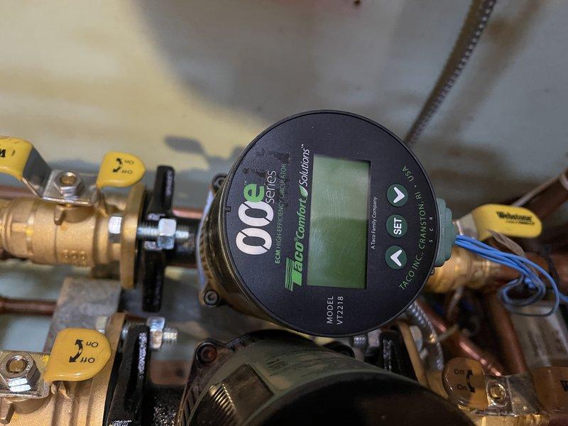 Responded to no-heat call and diagnosed non-functioning zone pump for the upstairs. Identified blank display on the 4-year-old Taco OGE Series circulation pump. Inspected thermostats, zone valves, and associated Webstone valves in the hydronic system. Completed diagnostic assessment and provided customer with replacement pump options pending estimate approval for return service.
