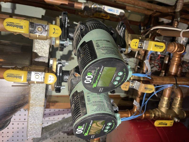 Responded to no-heat call and diagnosed non-functioning zone pump for the upstairs. Identified blank display on the 4-year-old Taco OGE Series circulation pump. Inspected thermostats, zone valves, and associated Webstone valves in the hydronic system. Completed diagnostic assessment and provided customer with replacement pump options pending estimate approval for return service.