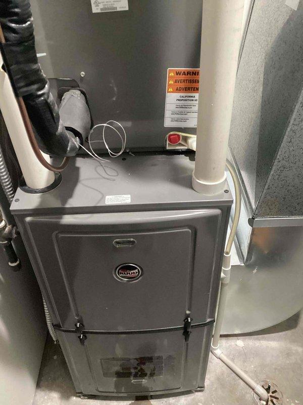 Performed scheduled furnace tune-up on 2-year-old Ruud system. Completed routine maintenance including cleaning of components, operational testing, and gas pressure adjustment. System functioning properly upon completion of service.