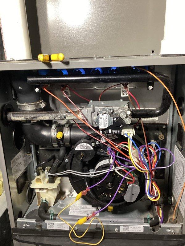 Diagnosed furnace with error code 45 indicating low pressure switch failure. Verified all components including drains, venting, and inducer vacuum were functioning properly. Replaced the low fire pressure switch after confirming it was the source of the issue through diagnostic testing, which successfully restored proper heating operation.