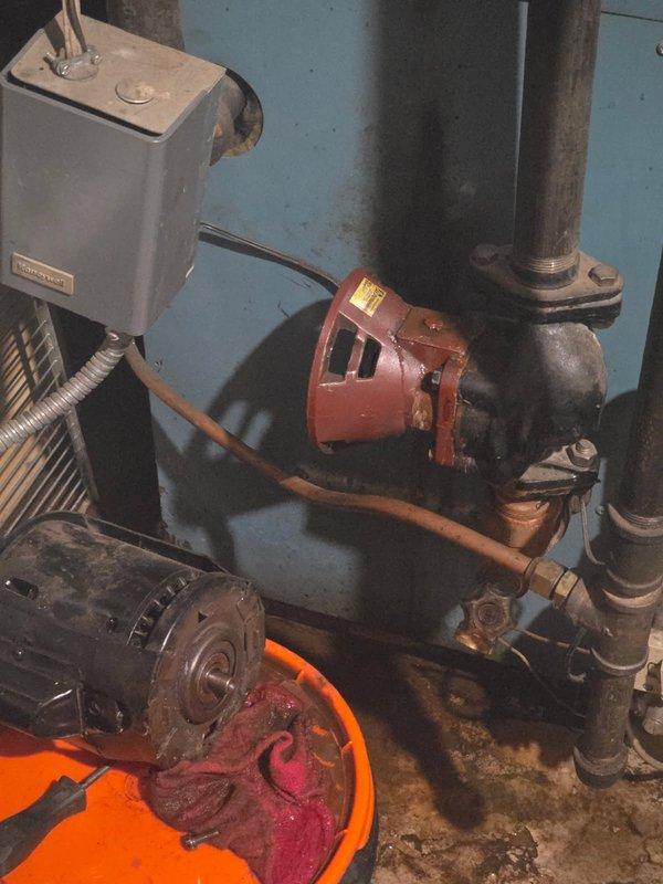 Inspected customer's old boiler after reports of circulation pump issues and water leakage. Diagnostic assessment revealed extensive damage including water leaking from the bottom of the boiler cast onto burners and multiple rust perforations through the bottom side of the boiler. Determined unit requires complete replacement as repairs are not feasible; scheduled service advisor to discuss replacement options.